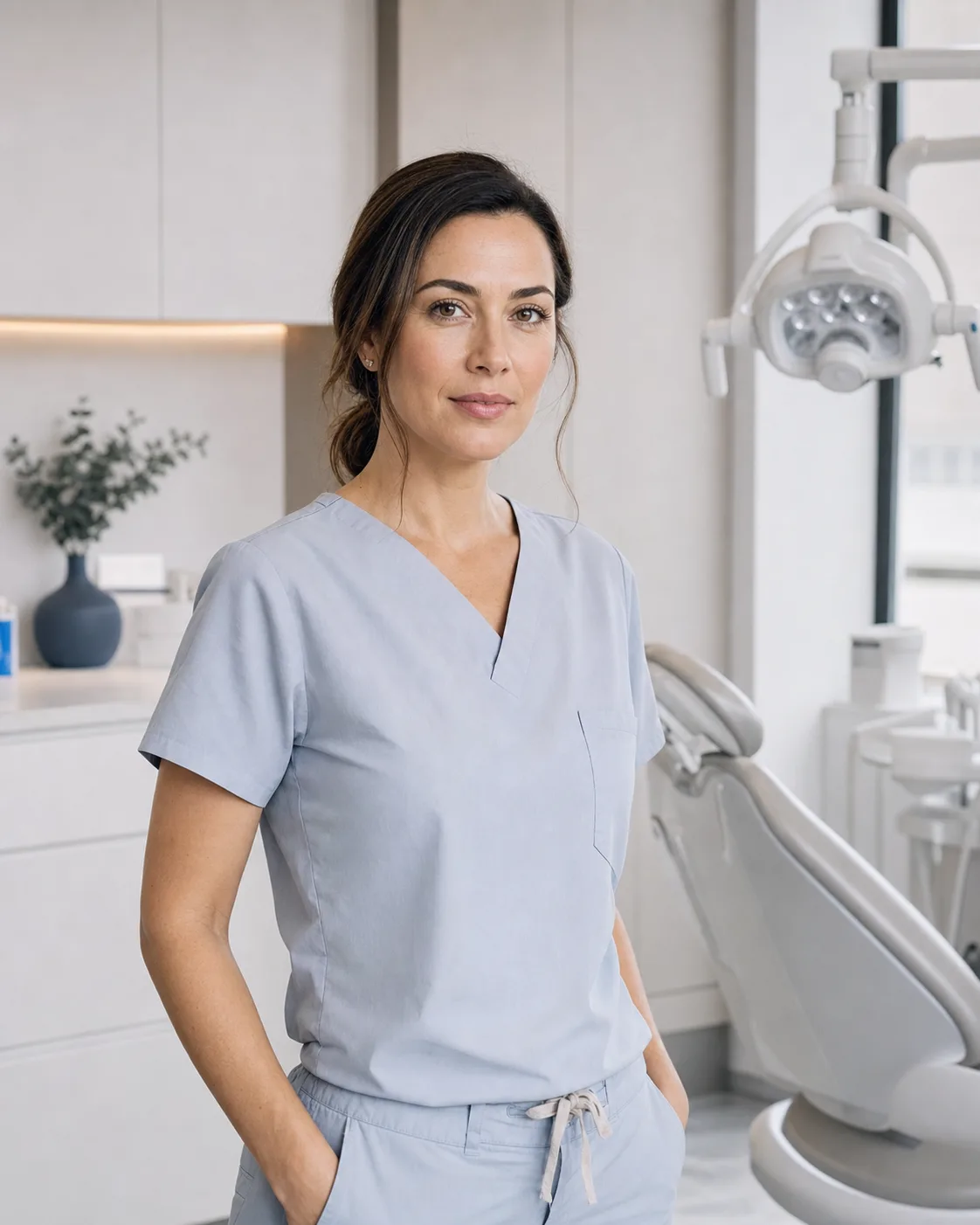 Dr Maya Hart standing in a contemporary dental treatment room